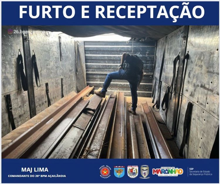 PM RECUPERA TRILHOS DE TREM FURTADOS DE EMPRESA DE MINERAÇÃO EM AÇAILÂNDIA; CARGA ESTAVA SENDO LEVADA PARA MG